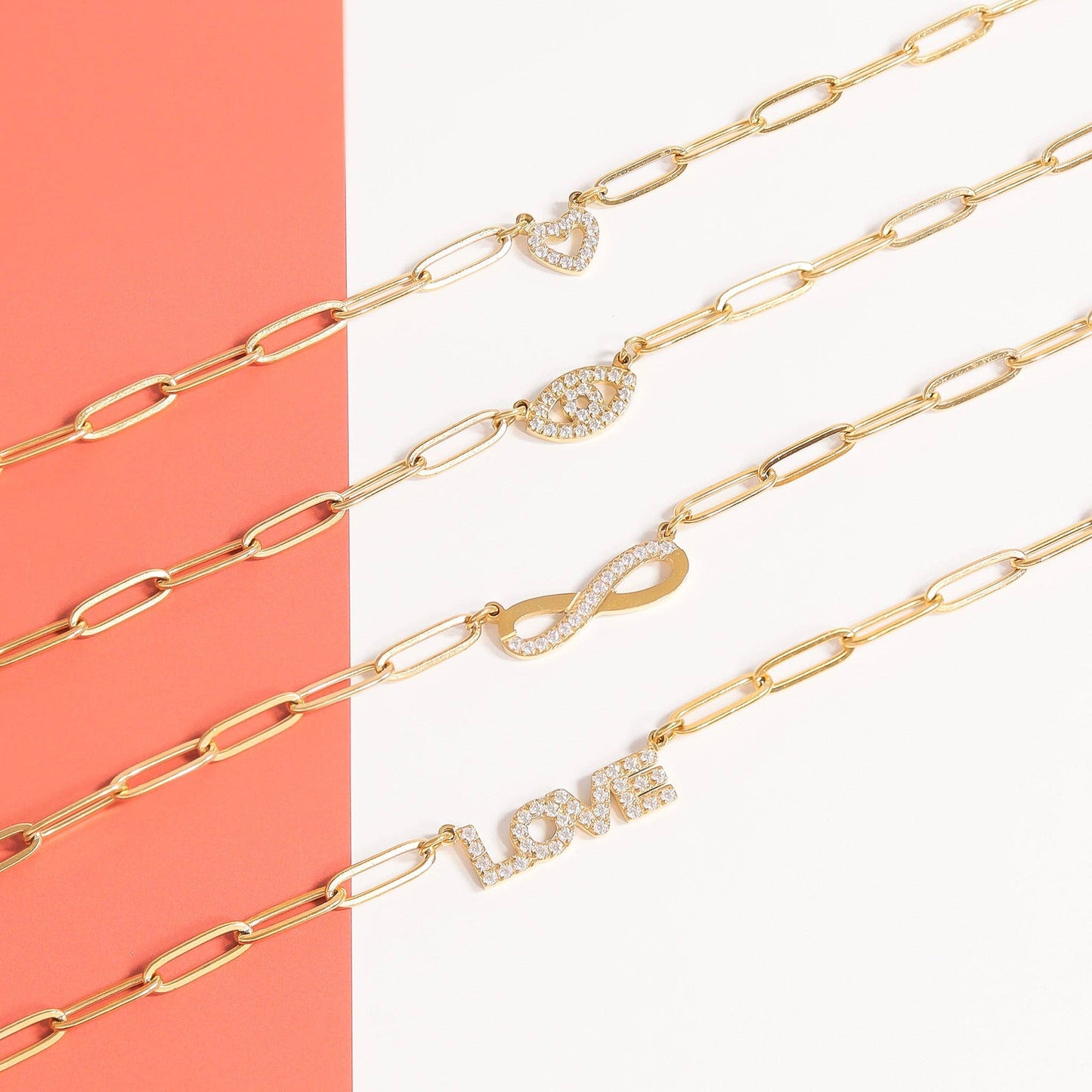 18K Gold PVD Stainless Steel Stone "Evil Eye" Paperclip Chain Necklace