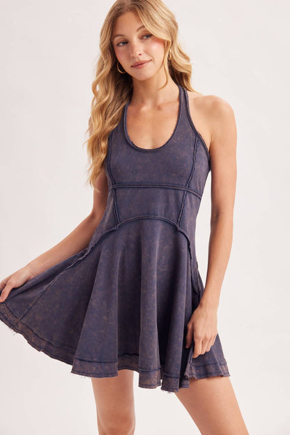 OPEN-BACK WASHED SCOOP HALTER-NECK MINI DRESS