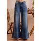 WIDE LEG FLARE WASHED DENIM JEANS WITH SIDE SEAM
