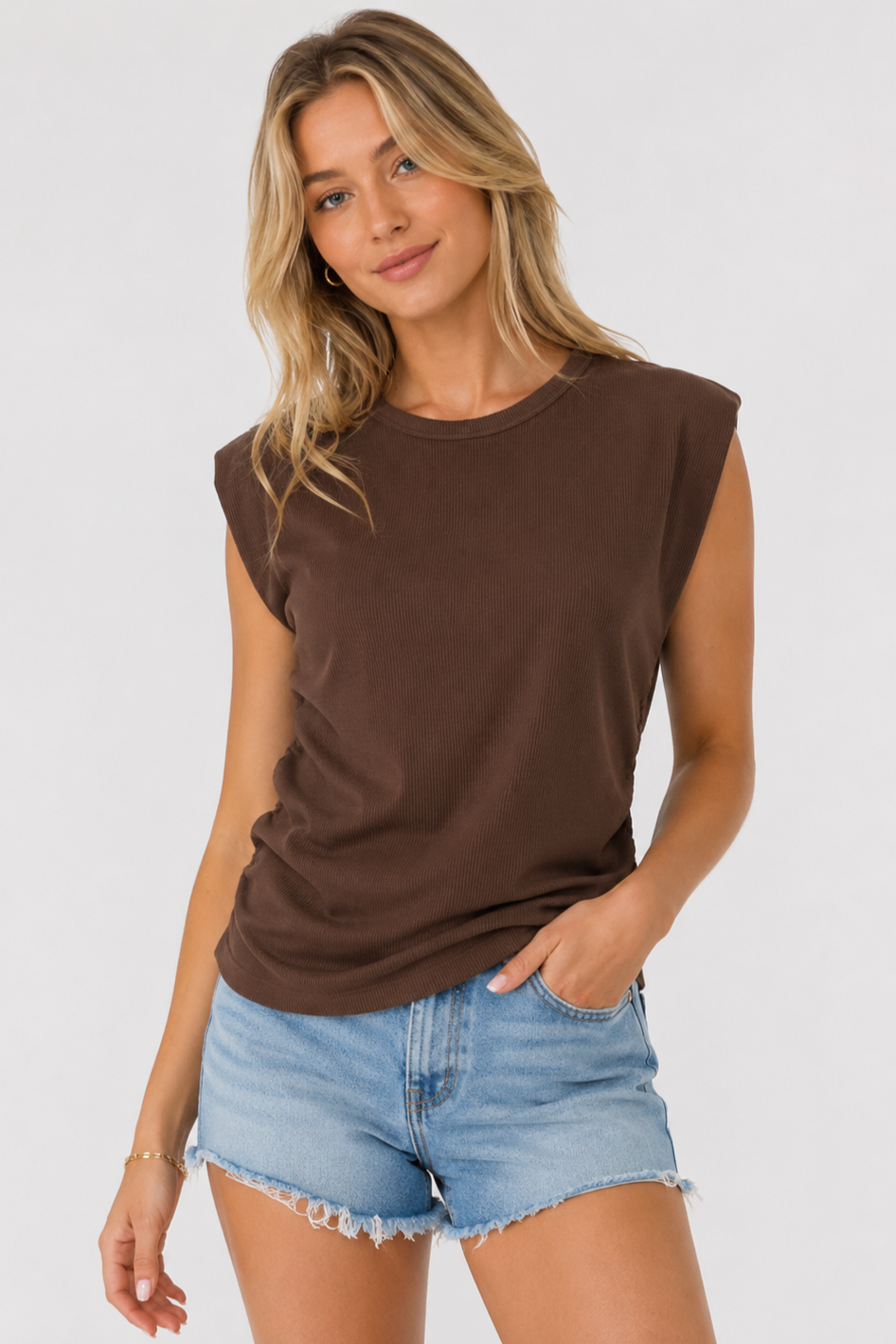 TERRY RIB SIDE RUCHED MUSCLE TOP FWMT3675
