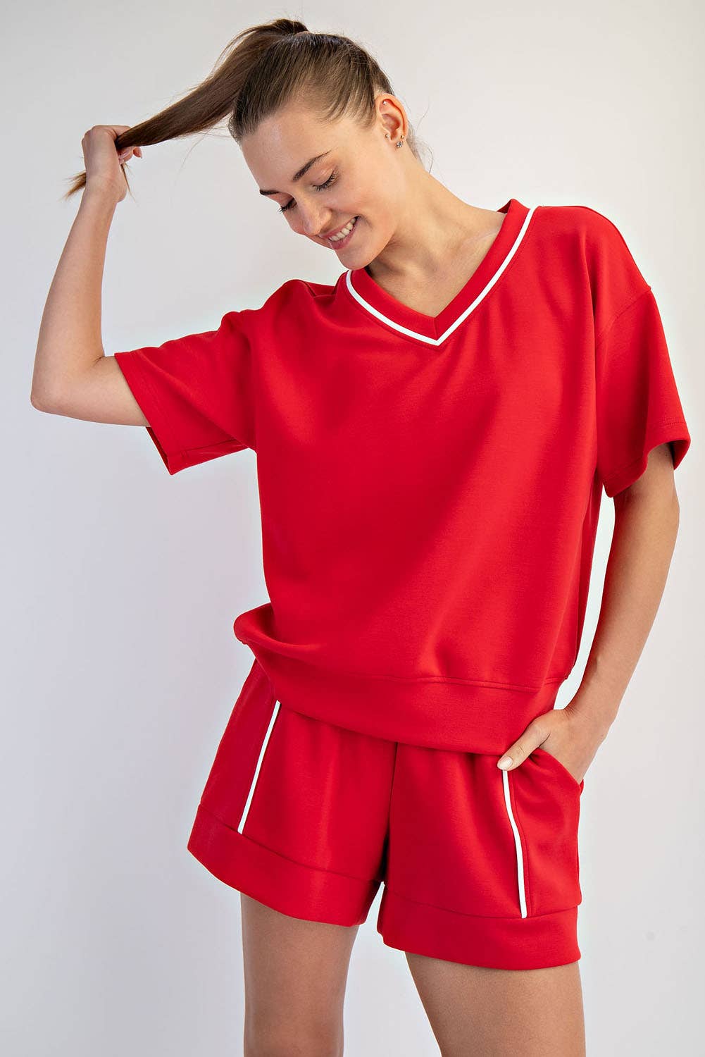 MODAL SCUBA V NECK FLAT PIPING SHORT SLEEVE TOP