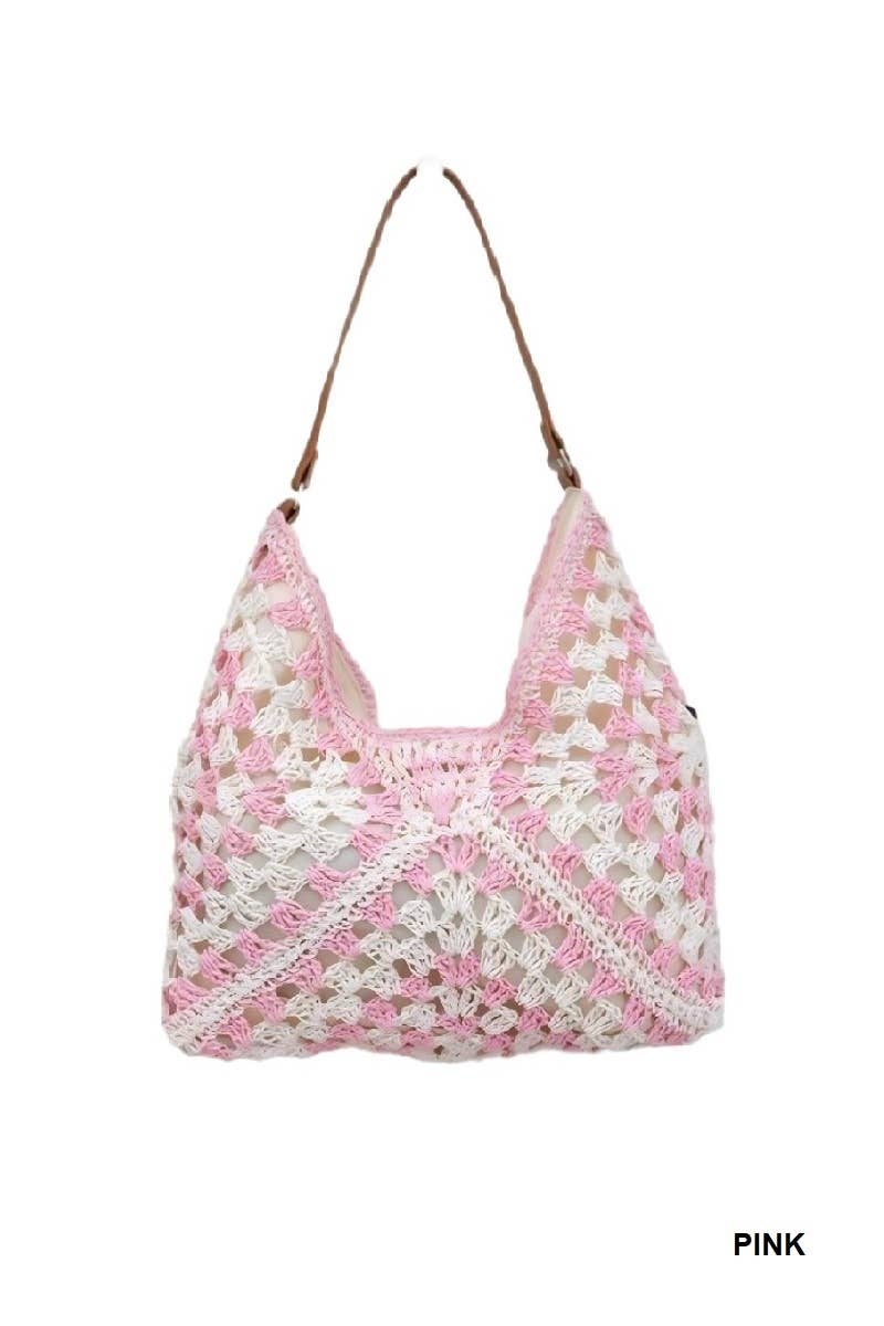 Vintage Woven Straw Crochet Bucket Shoulder Bag