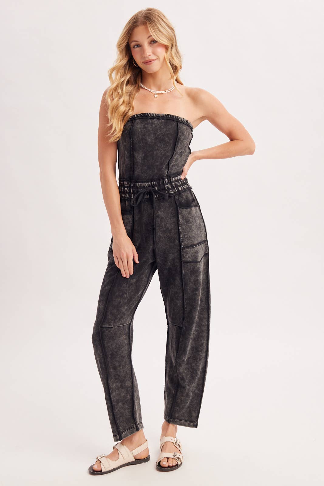 WASHED STRAPLESS SMOCKED WAIST DRAWSTRING JUMPSUIT