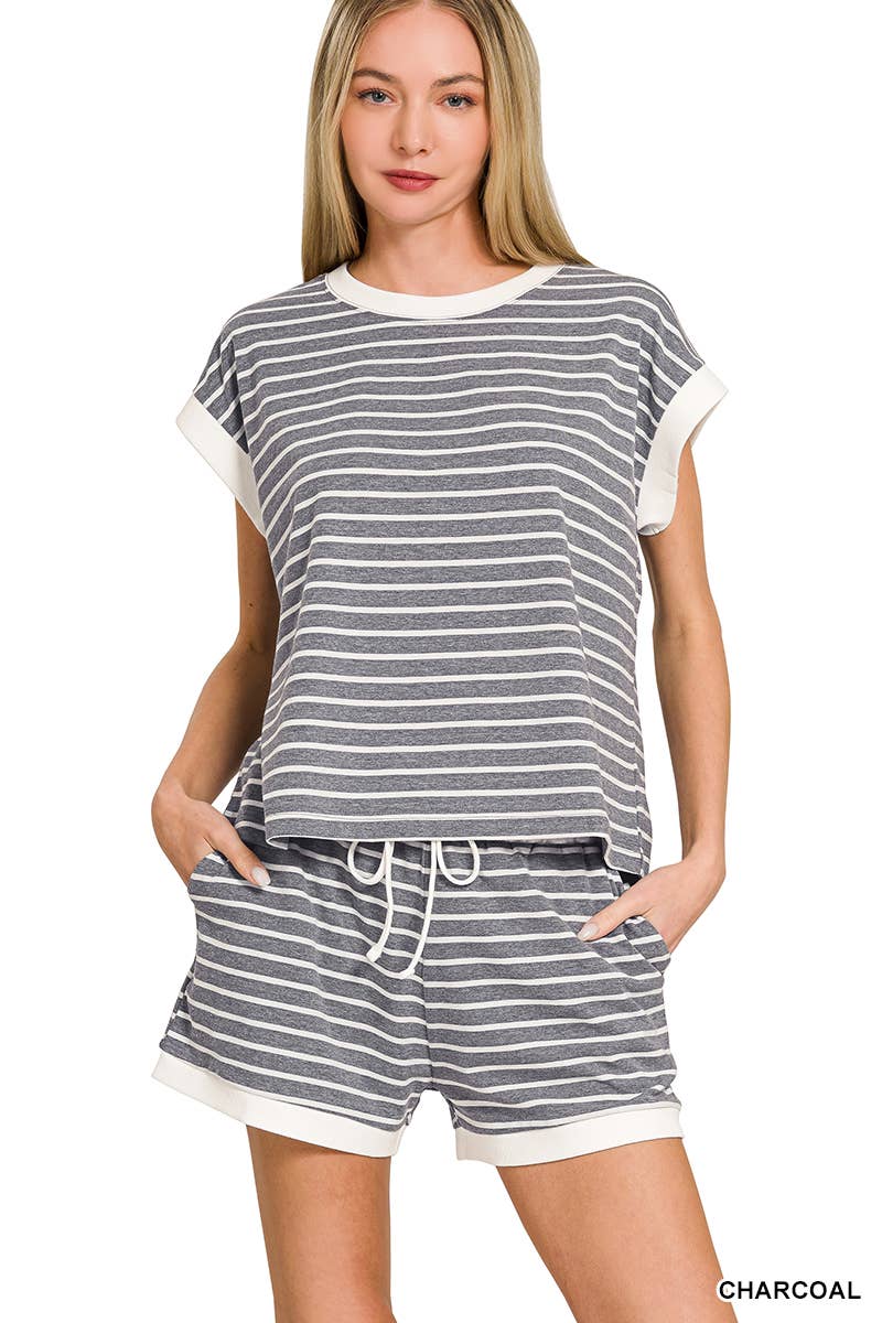 ...0223 Stripe Contrast Trim Top & Shorts Set SI-29132
