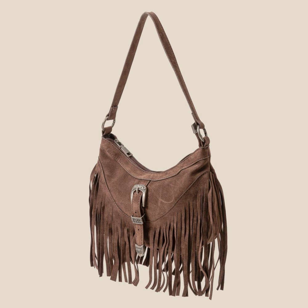 Faux Suede Cascade Fringe Shoulder Bag