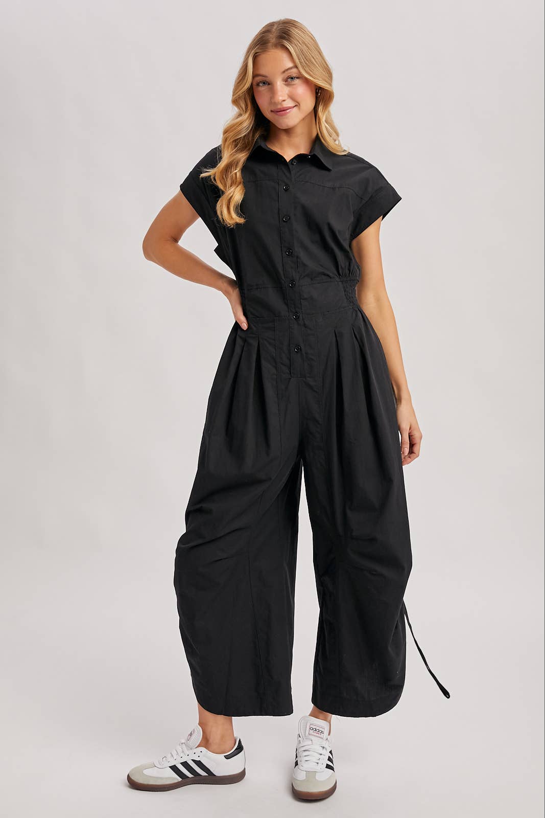 BUTTON DOWN UTILITY SHIRTING JUMPSUIT