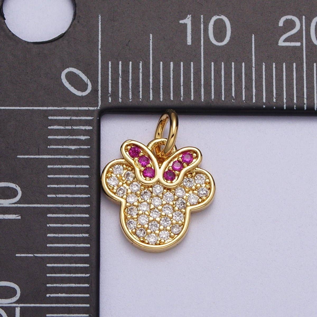 24K Gold Filled Micro Paved CZ Fuchsia-Bowed Mouse Kid's Charm | C-844