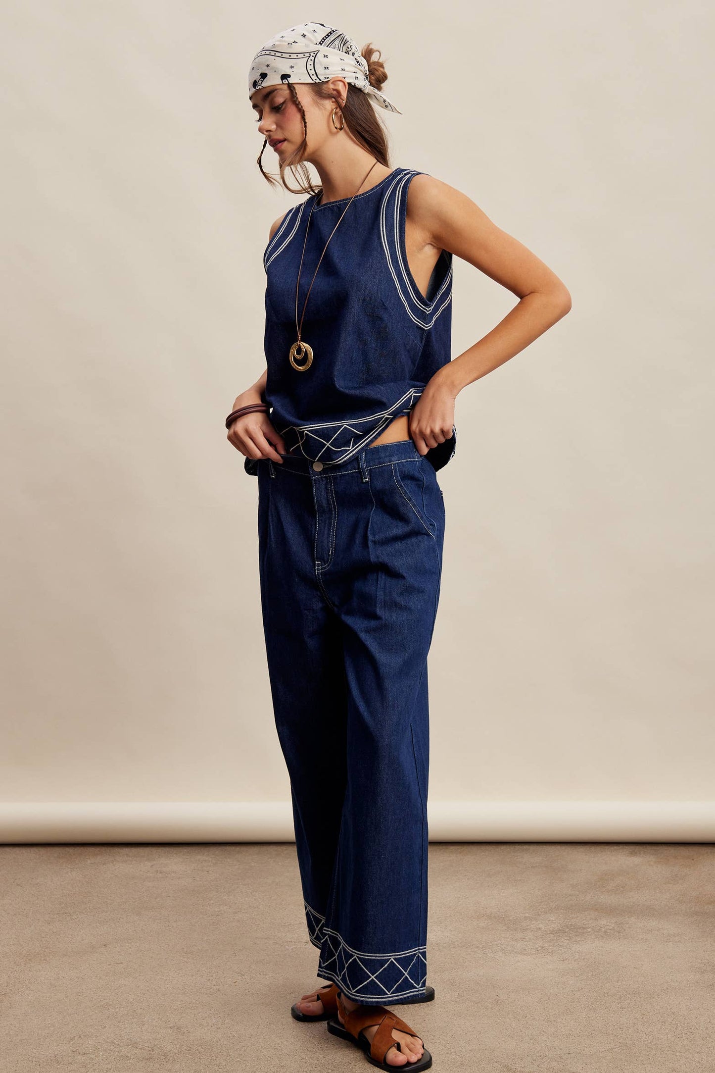 Embroidered Denim Tank & Wide-Leg Pants Set