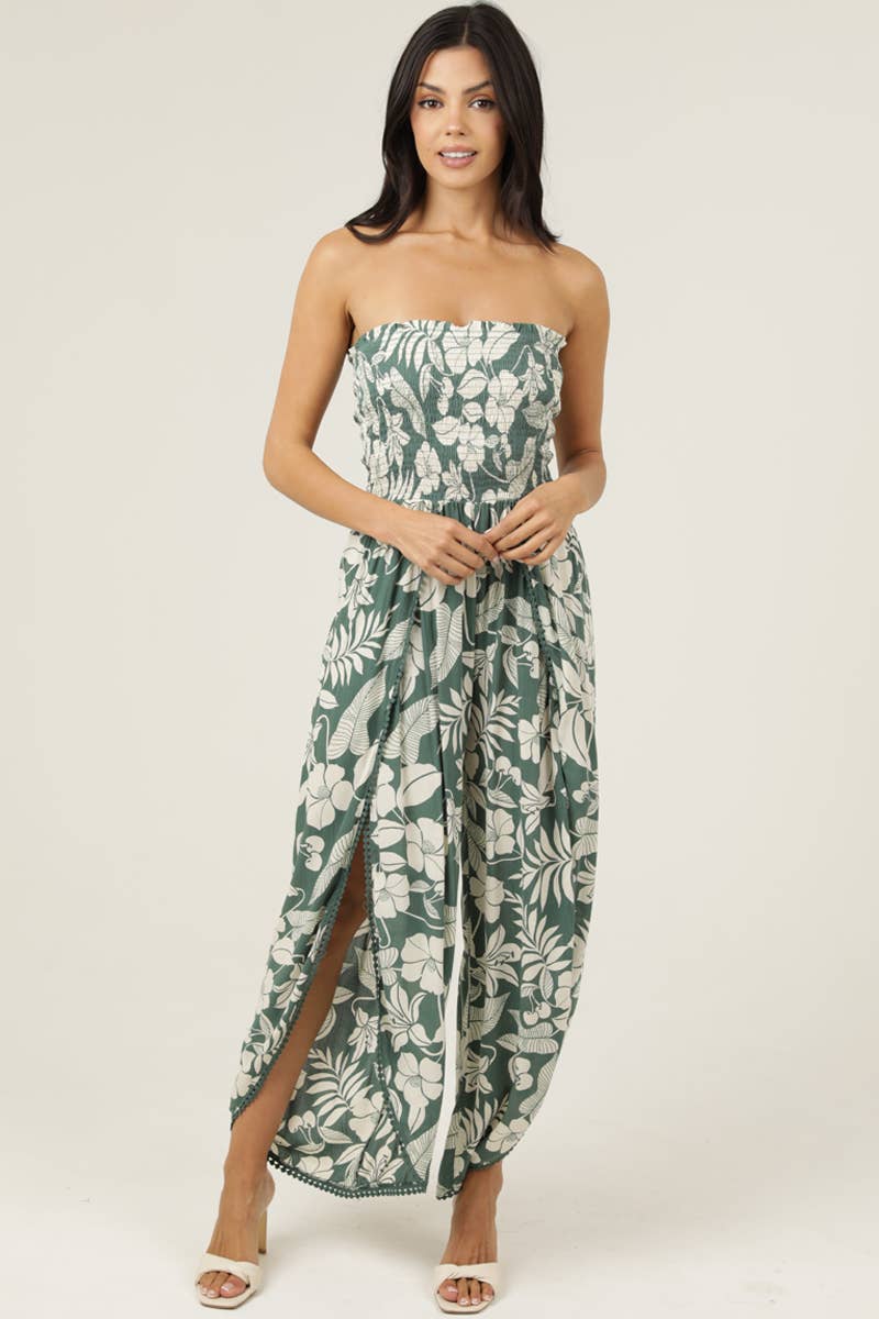 B5959-A920 SMOCKED BODICE WRAP LEG JUMPSUIT