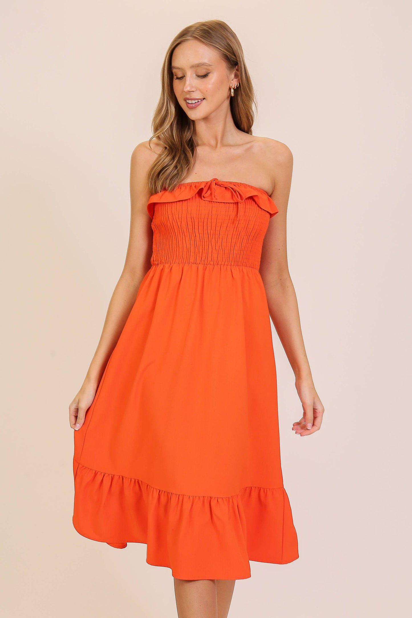 Strapless Smocked Midi Dress