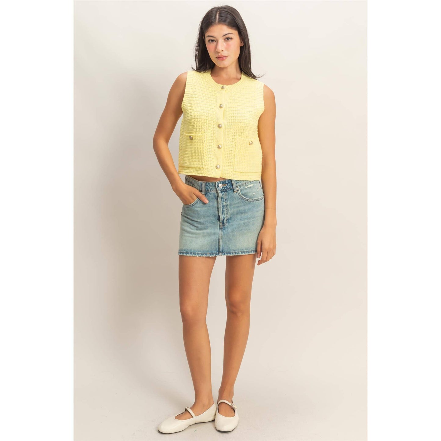 Textured Button-Front Vest With Pocket