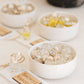 White Ceramic Bowl, Marble Display Riser and Wooden Block