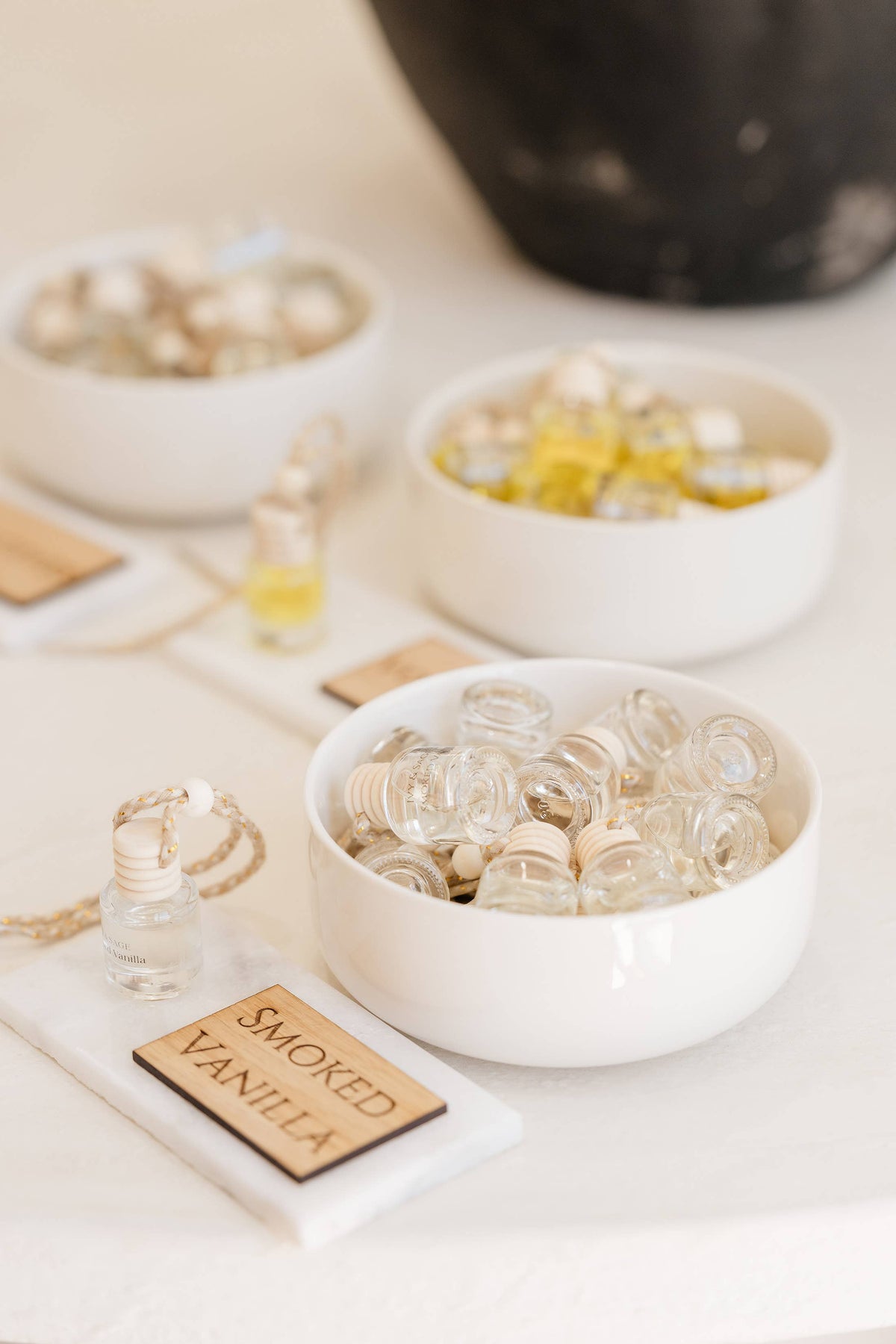 White Ceramic Bowl, Marble Display Riser and Wooden Block