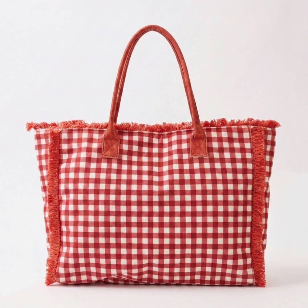 Checkered Fringe Trim Tote Bag