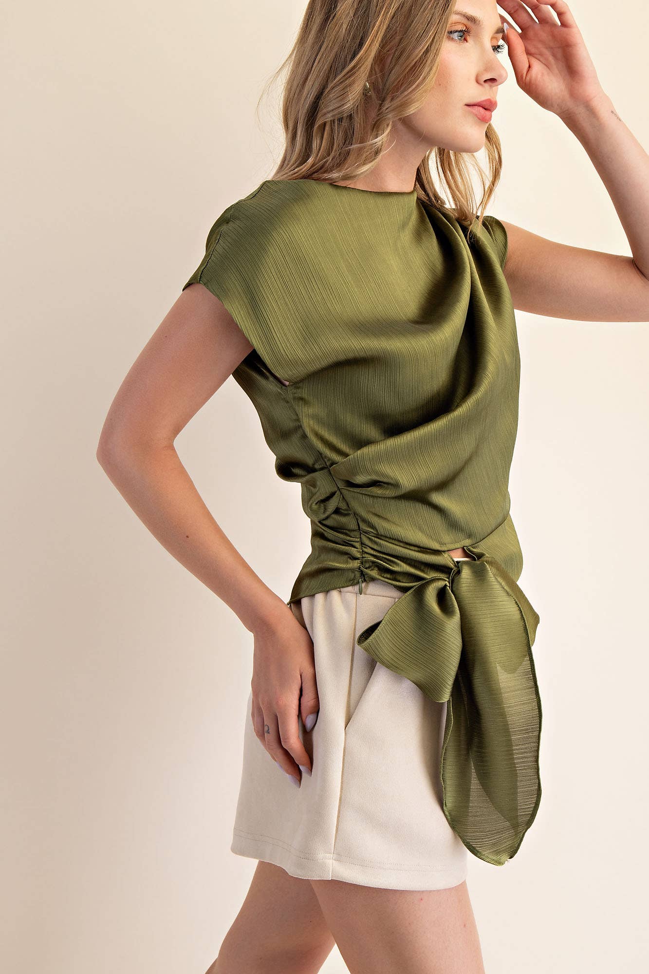 Boat Neck Waist Tie Blouse