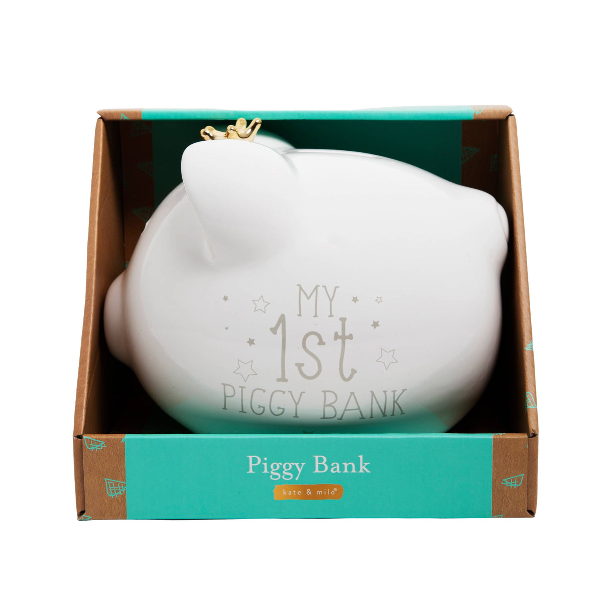 Large Ceramic My First Piggy Bank, White with Gold Crown