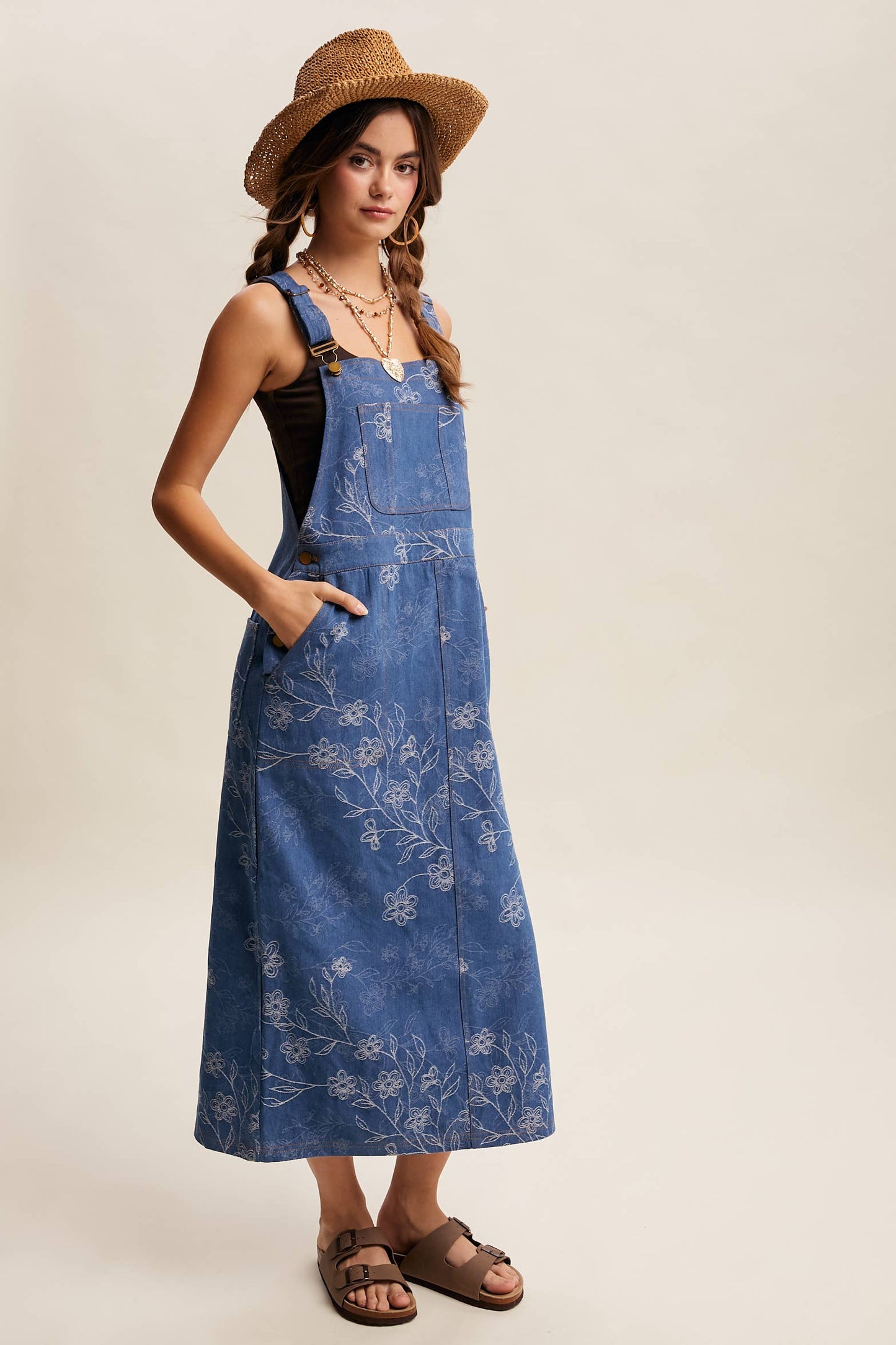 Floral Embroidered Denim Overall Dress LD1615