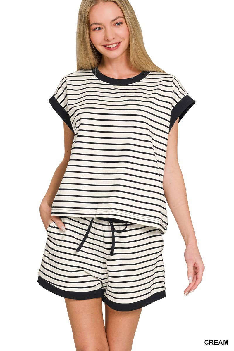 Stripe Contrast Trim Top And Shorts Set