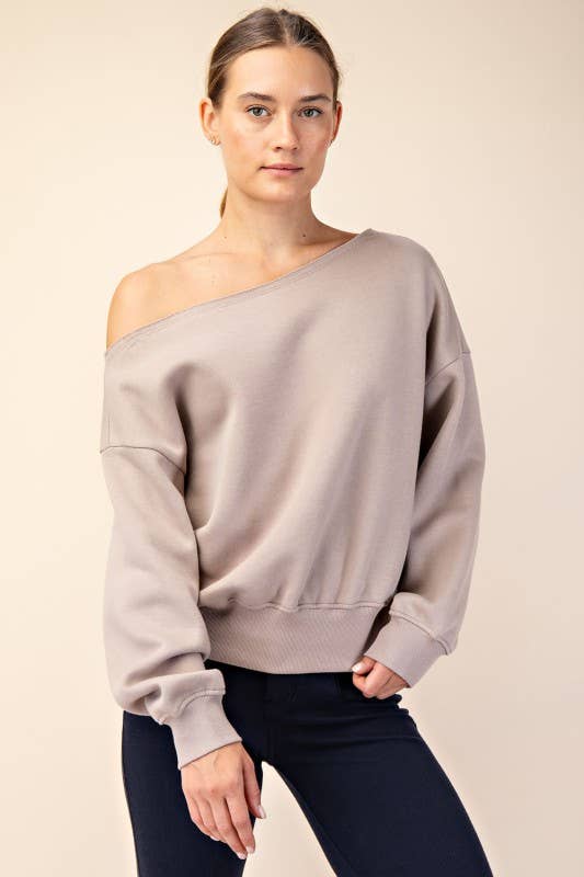 T689937 OFF SHOULDER FRENCH TERRY FLEECE TOP