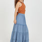 26P74-ASIS TIERED MAXI SKIRT WITH LACE TRIM AND SLIT