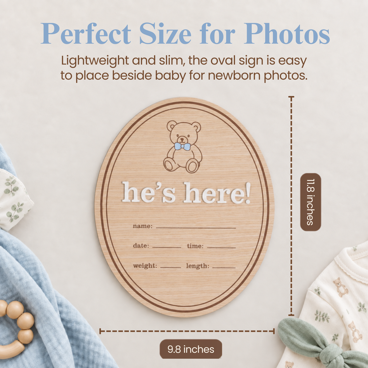 Wooden Birth Announcement Fill-In Photo Prop, He's Here