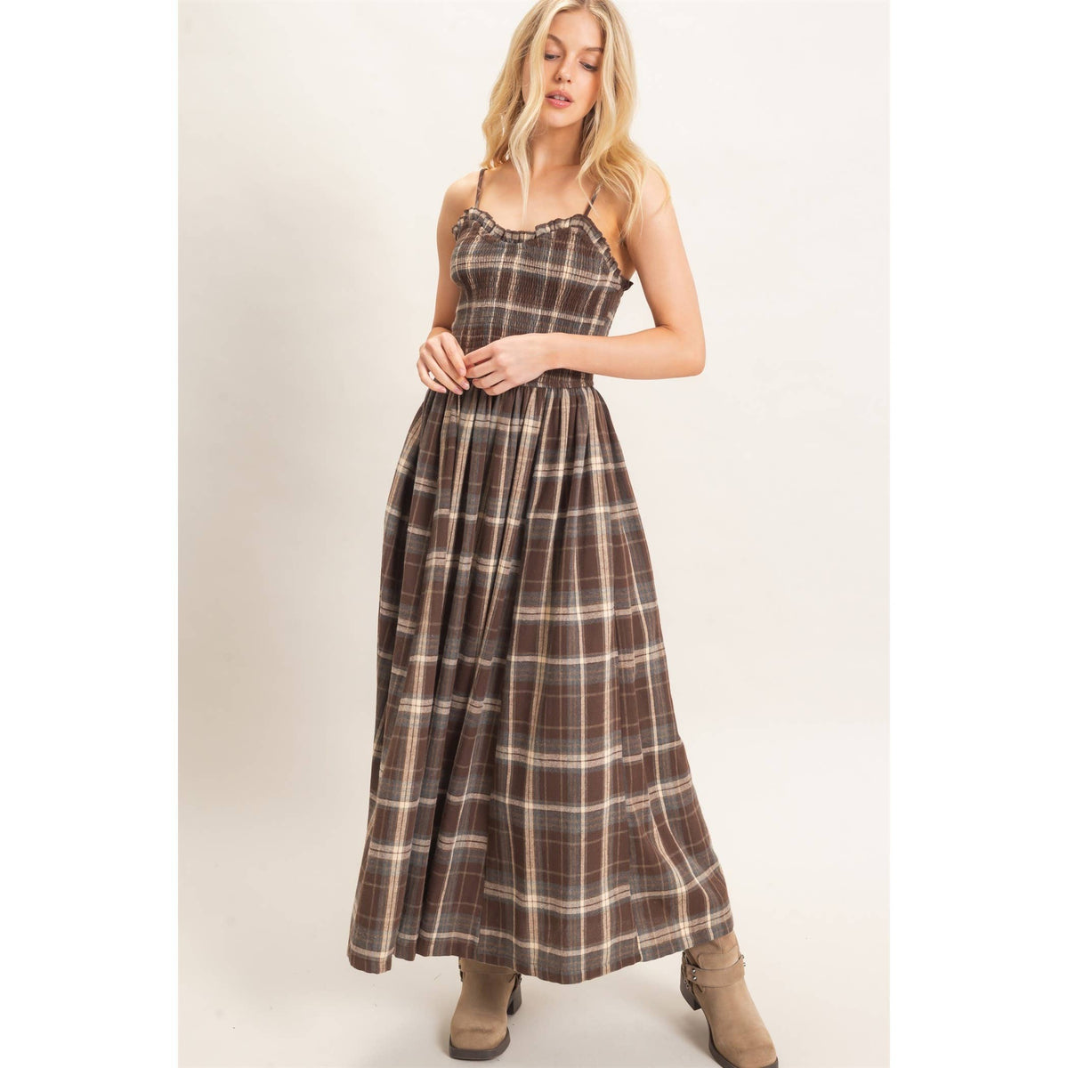 Plaid Smocked Maxi Dress