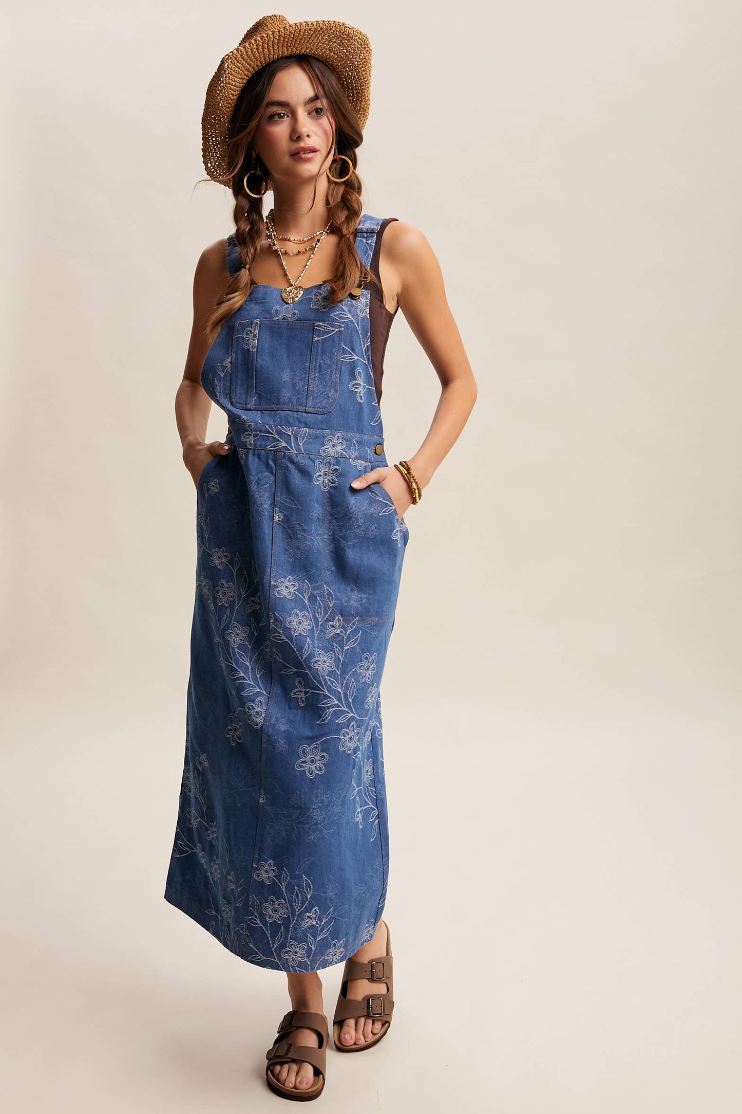 Floral Embroidered Denim Overall Dress LD1615
