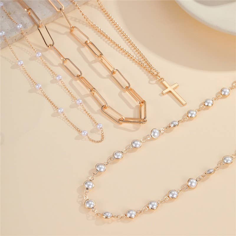 Layered Gold & Pearl Cross Statement Necklace Set | 40NK9673