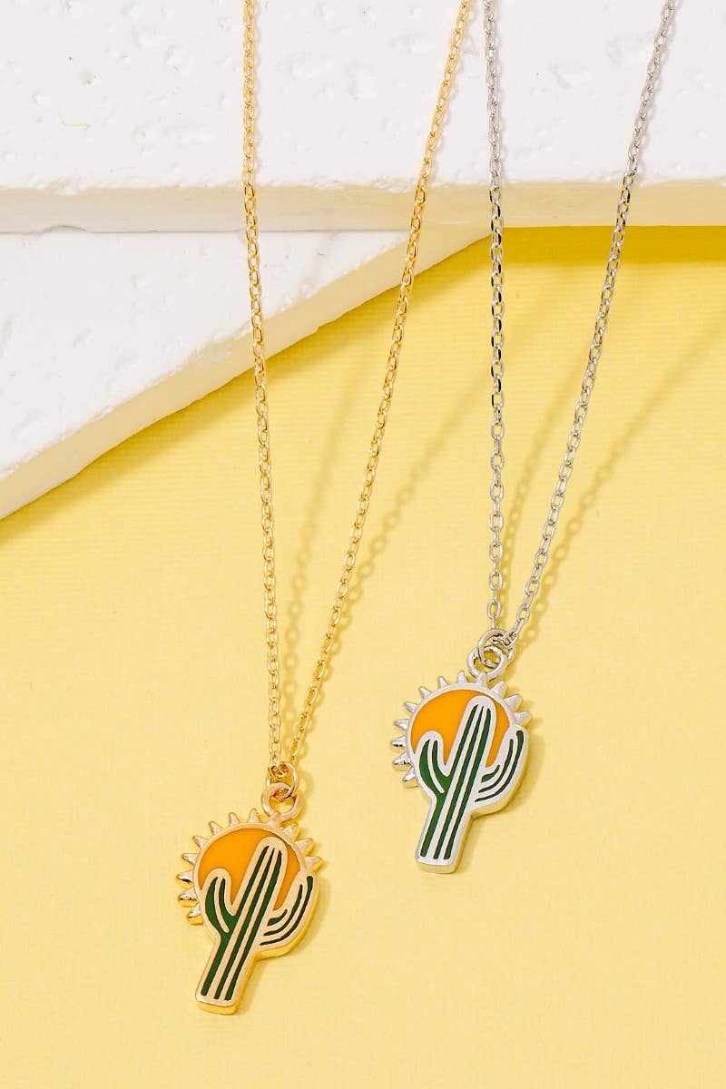 Gold Dipped Enamel Sunrise Cactus Pendant Necklace