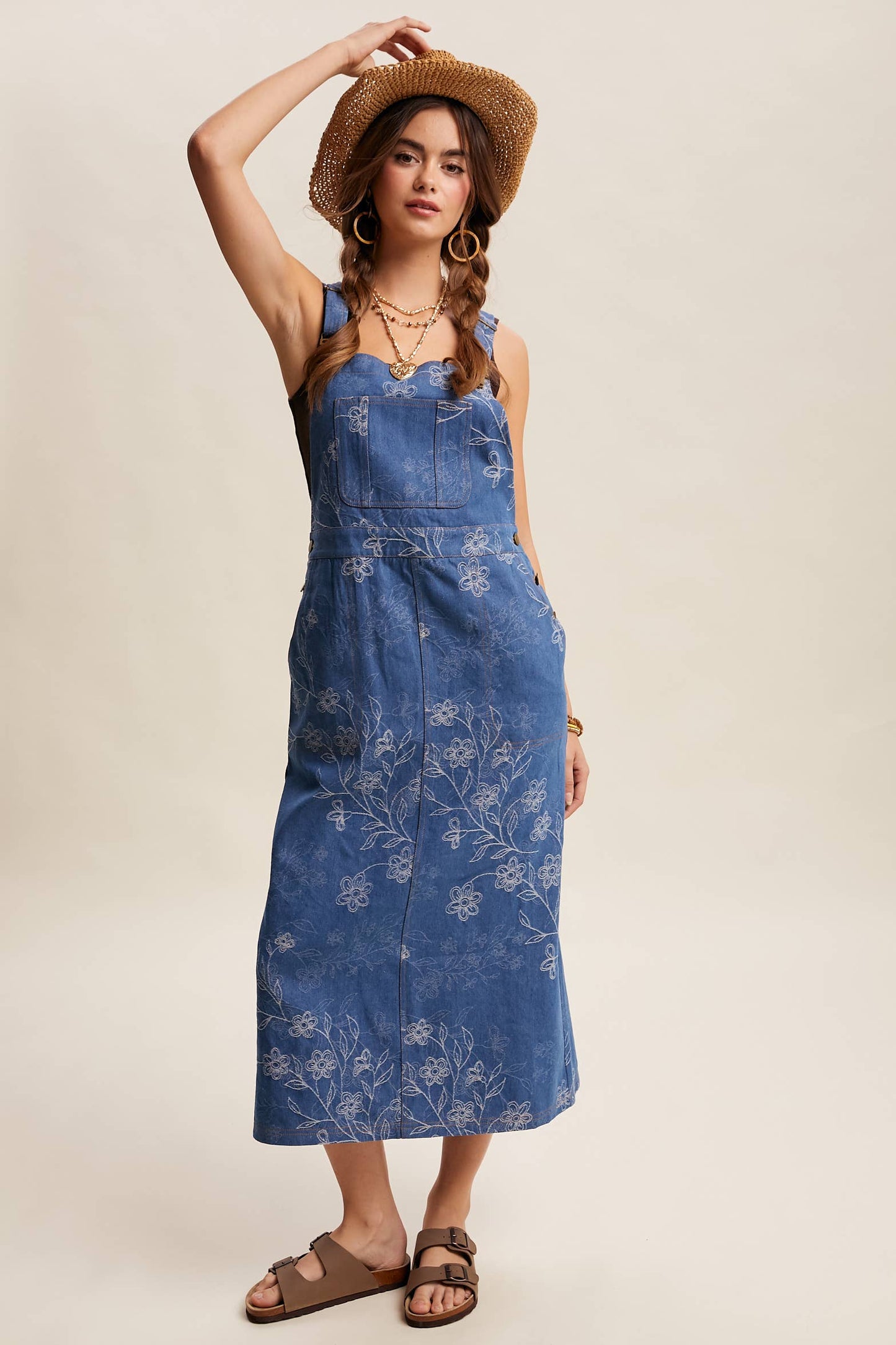 Floral Embroidered Denim Overall Dress LD1615