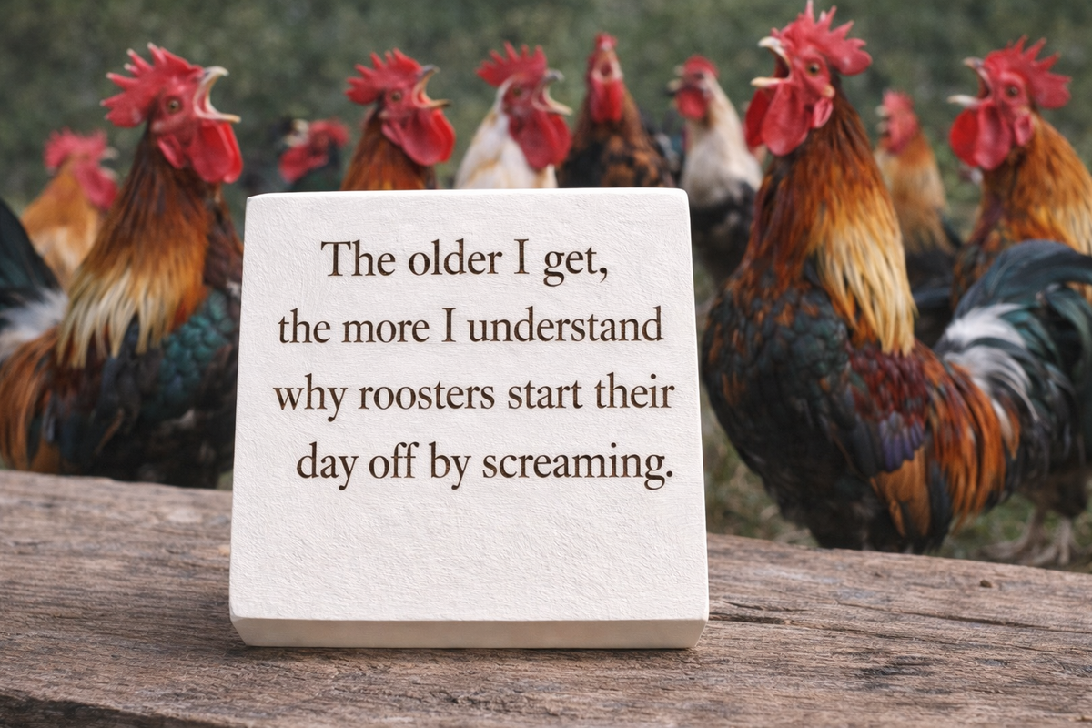 Roosters Reflections and Morning Thoughts- Funny Wood Block Signs – Snarky Shelf &amp; Desk Decor