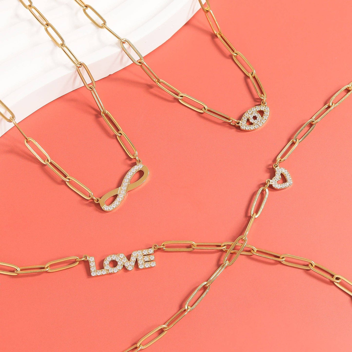 18K Gold PVD Stainless Steel Stone "Evil Eye" Paperclip Chain Necklace