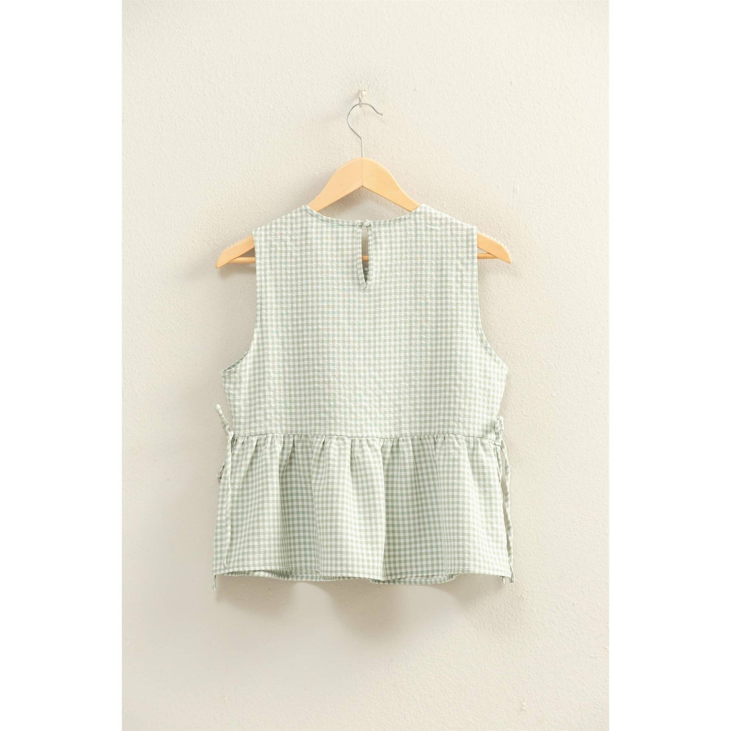 Gingham Sleeveless Peplum Top With Side Ties