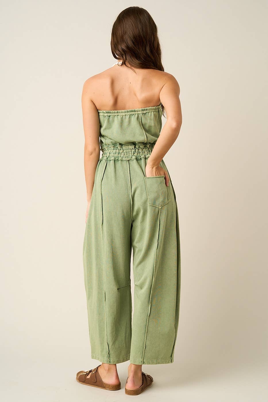 MINERAL WASH CONTRAST STITCH BARREL LEG JUMPSUIT