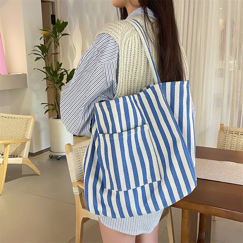 STRIPED TRENDING DOUBLE POCKET TOTE BAG | 40P561