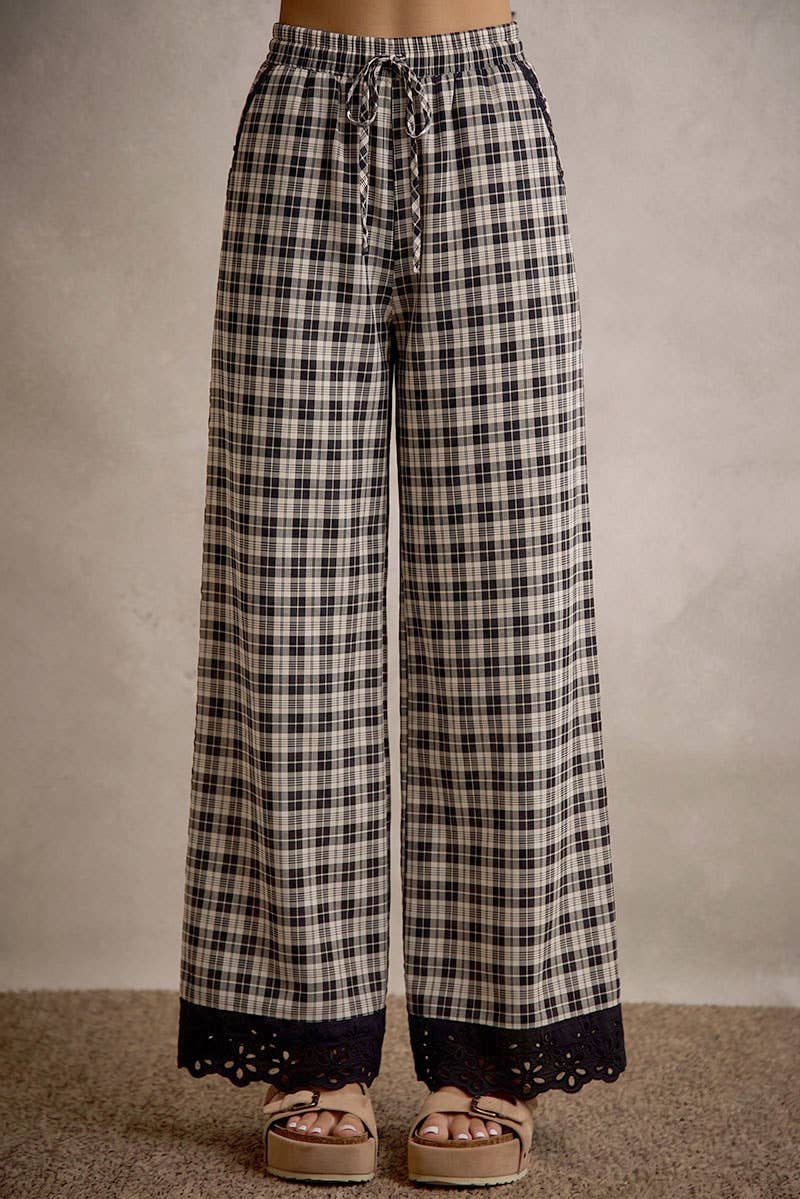 PLAID CHECK WIDE LEG PULL ON WIDE LEG PANTS WITH LACE