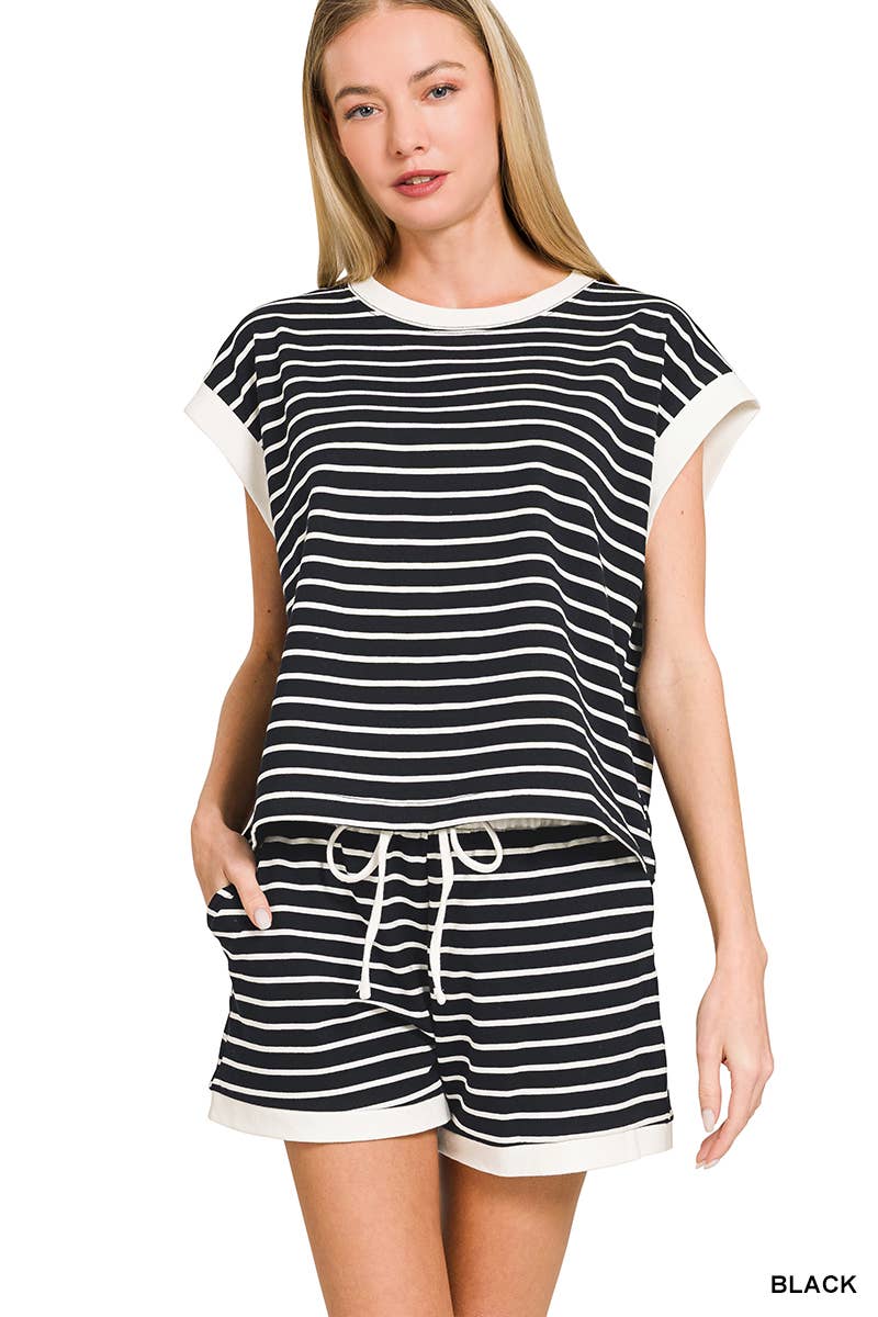 ...0223 Stripe Contrast Trim Top & Shorts Set SI-29132
