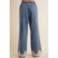 LACE TRIM WIDE LEG ELASTIC MID RISE DENIM PANTS