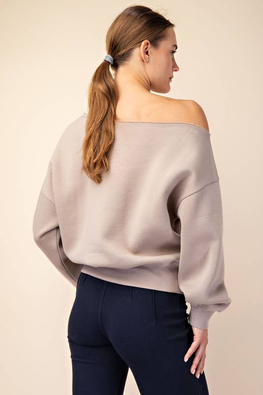 T689937 OFF SHOULDER FRENCH TERRY FLEECE TOP