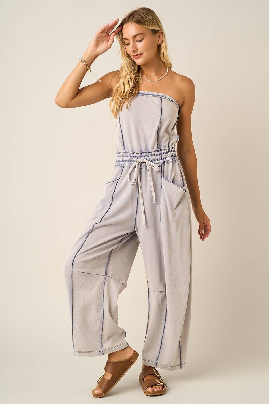 MINERAL WASH CONTRAST STITCH BARREL LEG JUMPSUIT