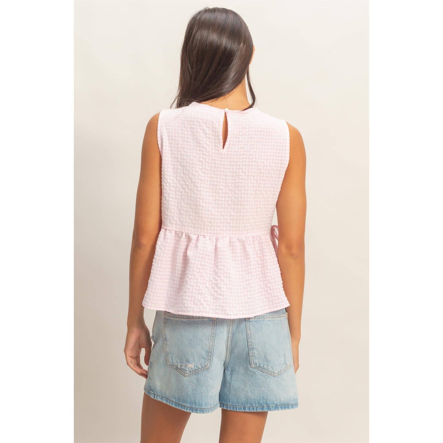 Gingham Sleeveless Peplum Top With Side Ties