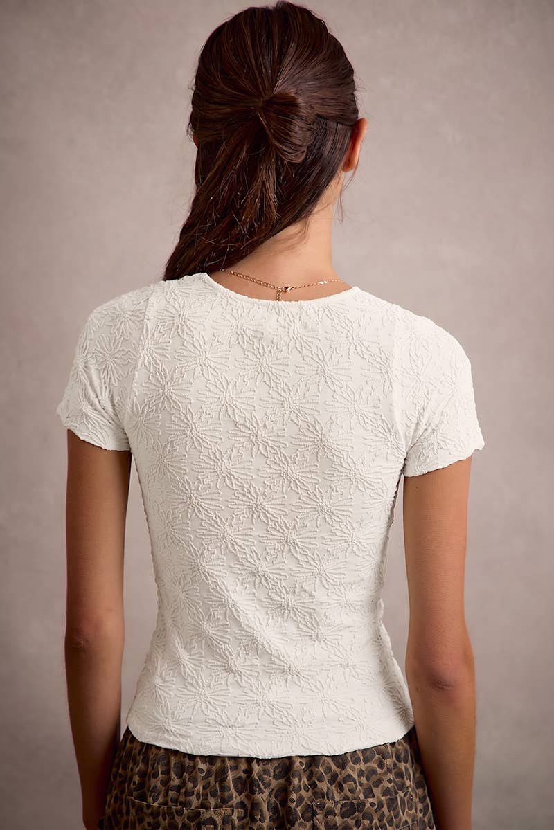 FLORAL PATTERNED TEXTURE SEAMLESS SHORT SLEEVE TOP