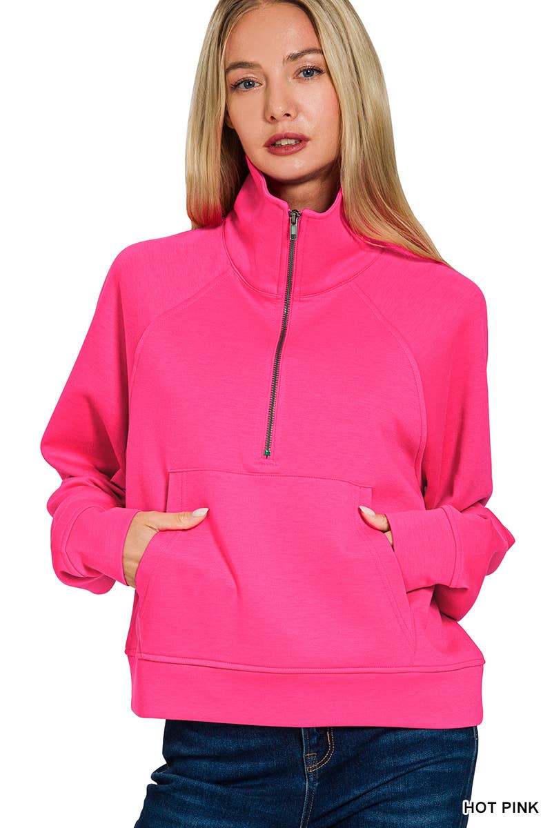 Scuba Half Zip Pullover With Kangaroo Pocket Zenana