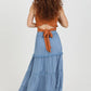 26P74-ASIS TIERED MAXI SKIRT WITH LACE TRIM AND SLIT