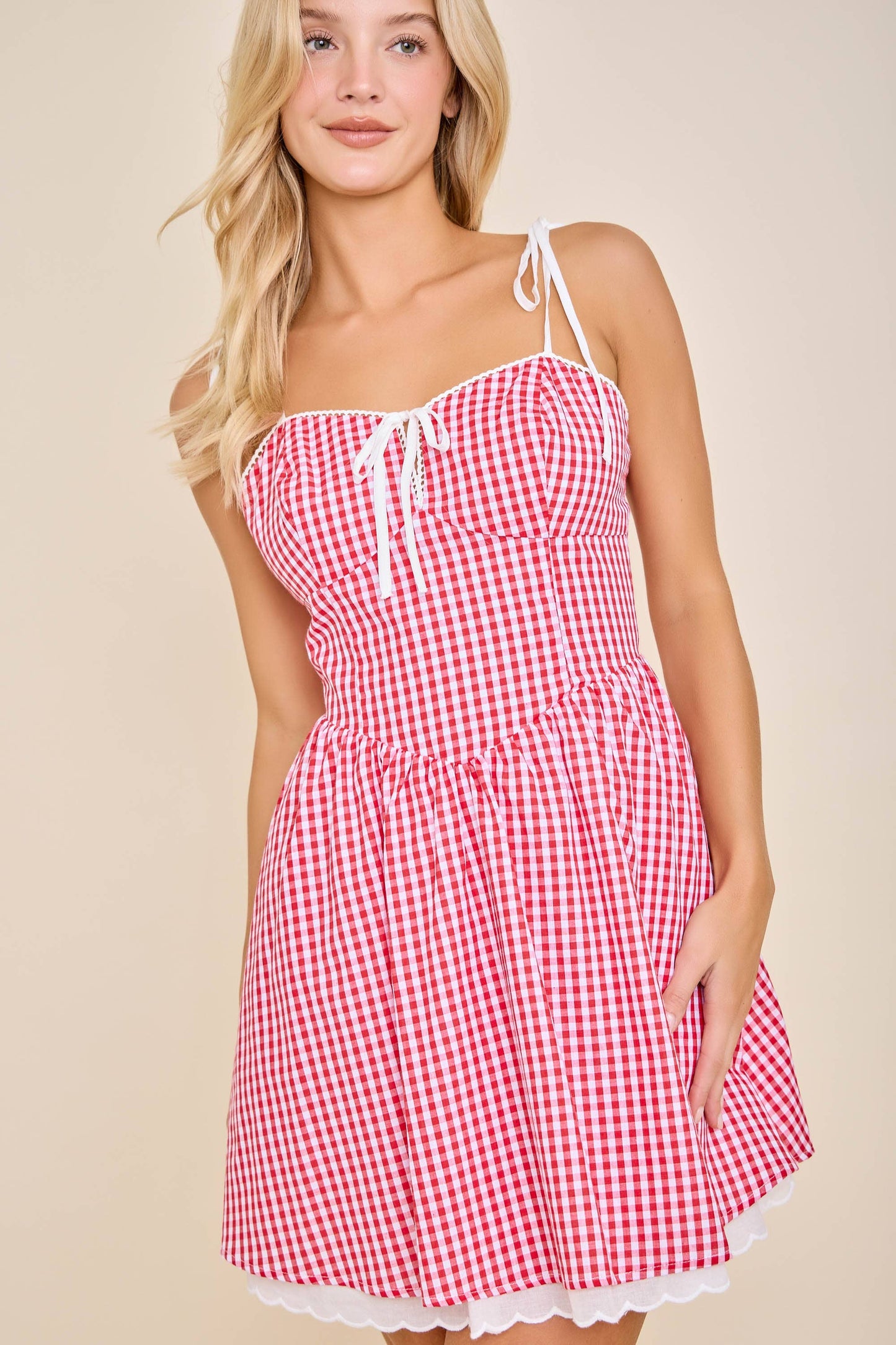 Gingham Corset Tie-Strap Flare mini dress