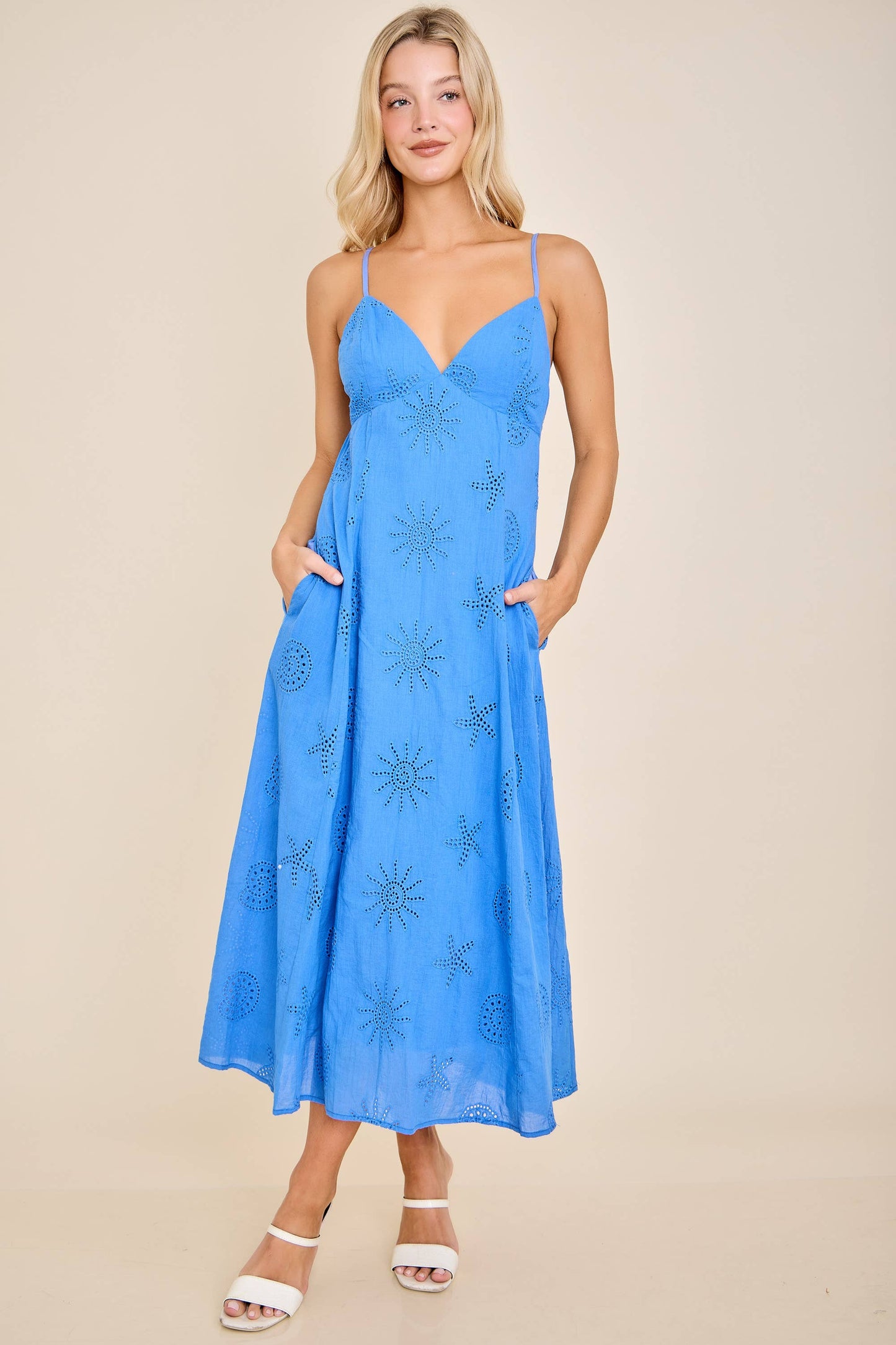 Eyelet Embroidered Spaghetti Strap Midi Dress