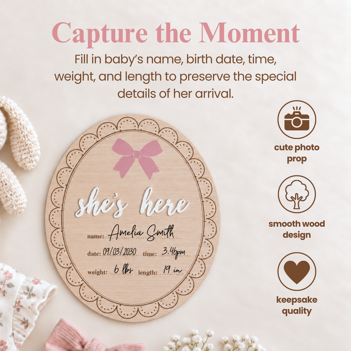 Wooden Birth Announcement Fill-In Photo Prop, She's Here