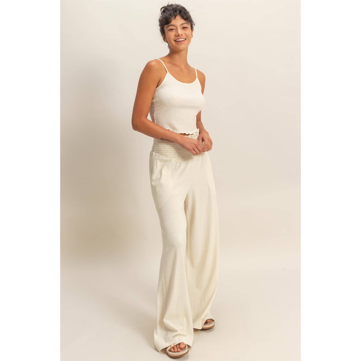 Mineral Washed Wide-Leg Smocked Waist Pants