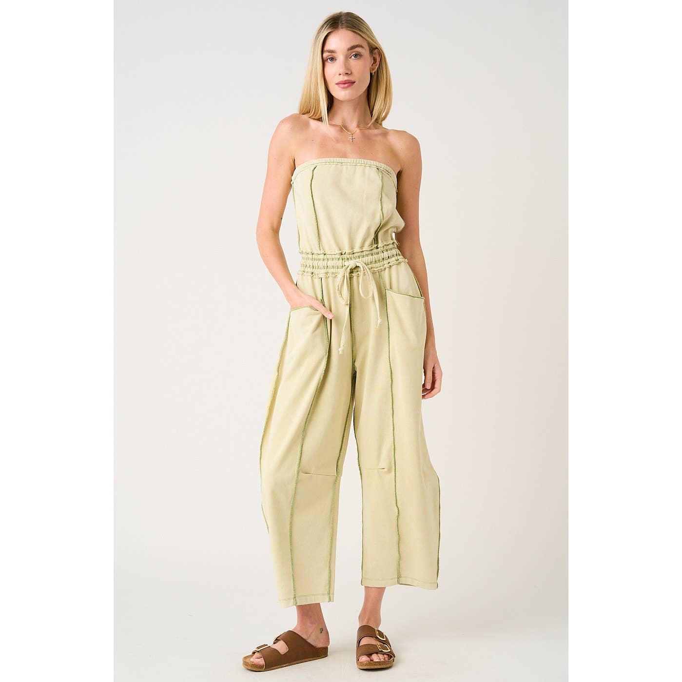 MINERAL WASH CONTRAST STITCH BARREL LEG JUMPSUIT