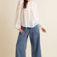 LACE TRIM WIDE LEG ELASTIC MID RISE DENIM PANTS